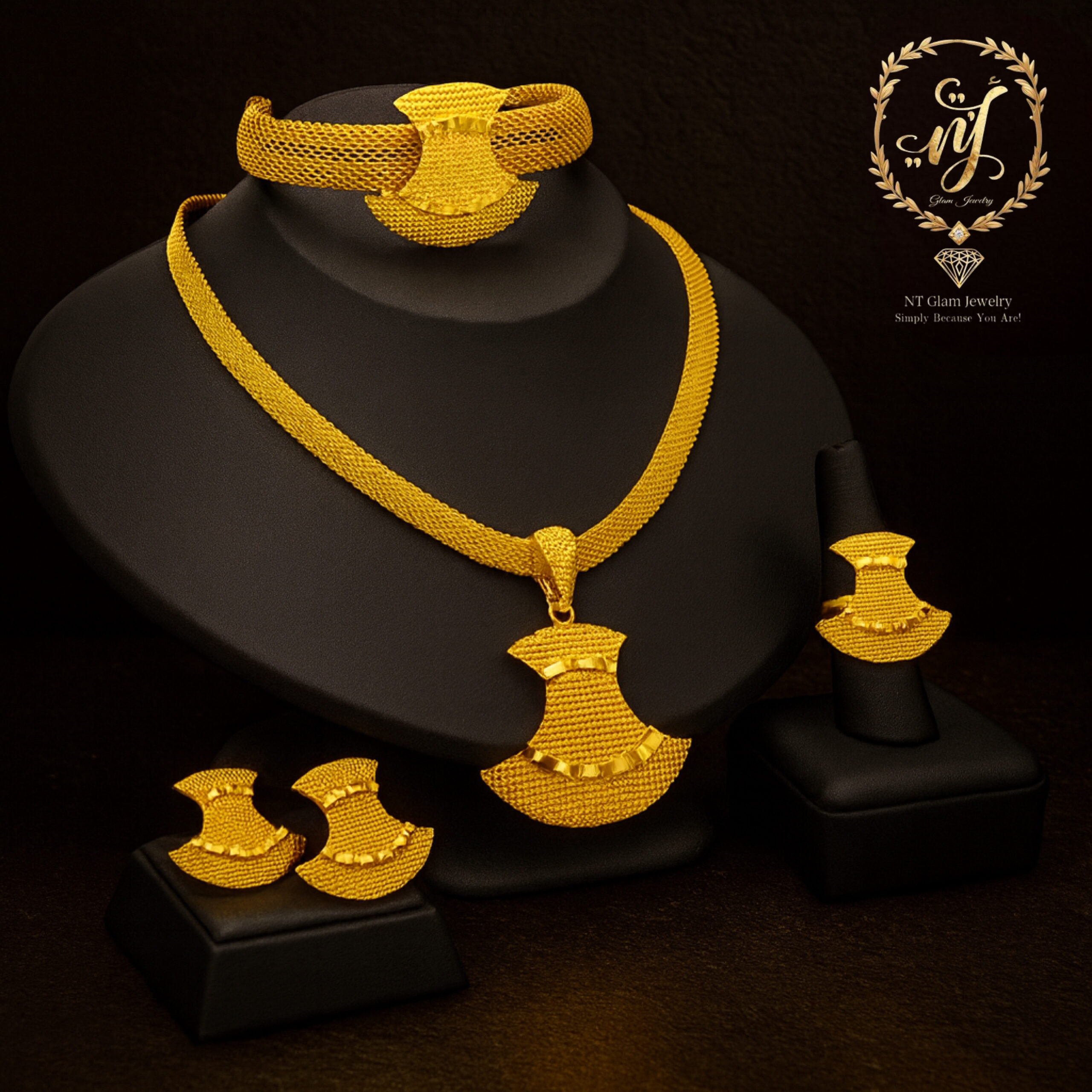 Gold plated mesh fan jewelry set by NT Glam